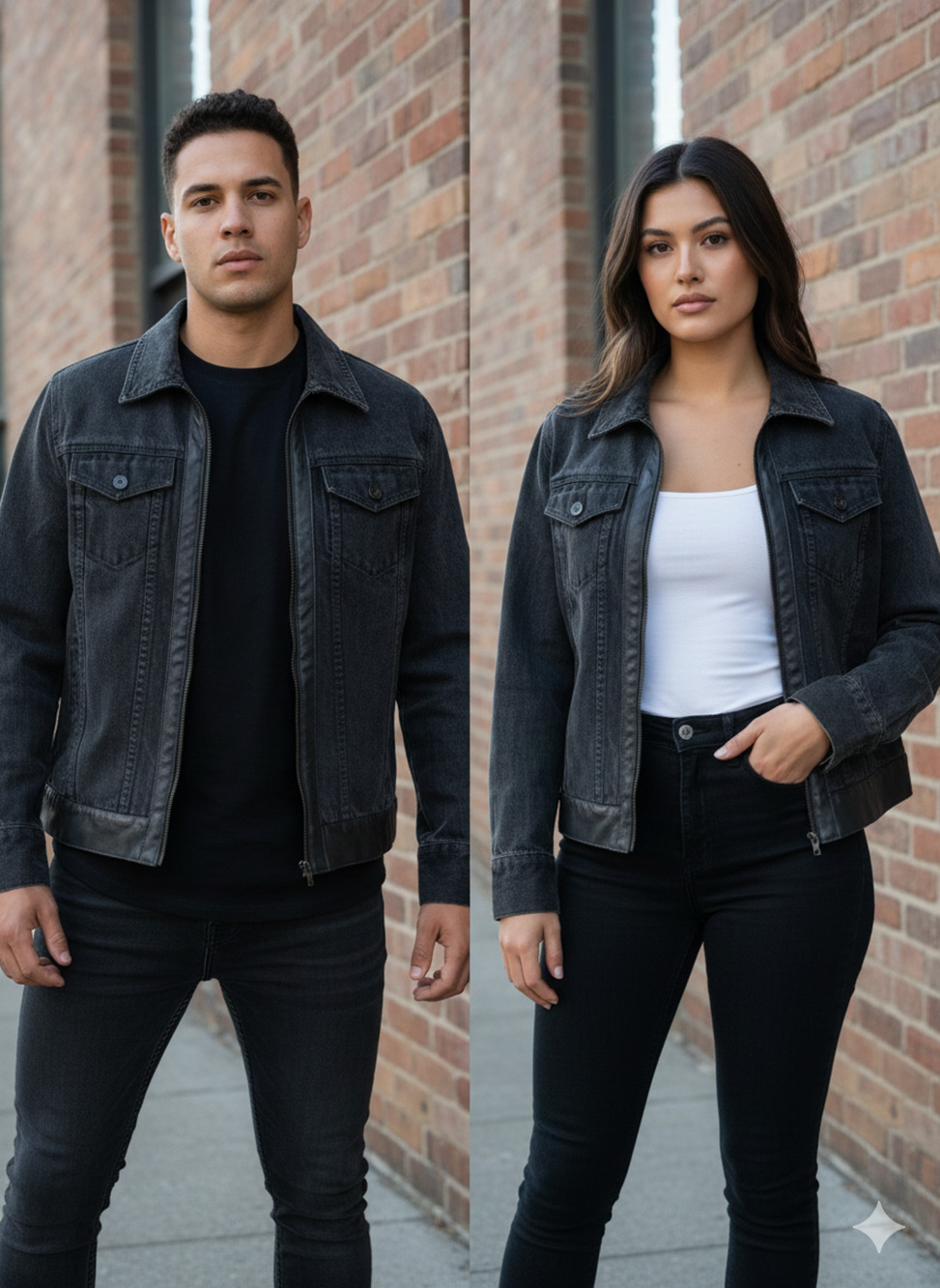 DKNY L Black Acid Wash Denim Jacket Faux Leather Trim Full Zip Gorpcore Indie